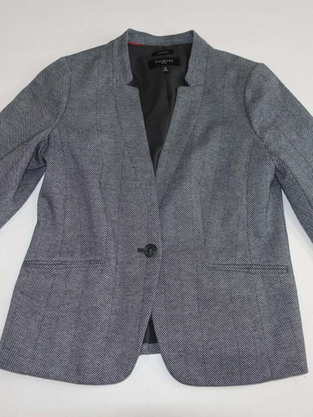 Talbots Women's Herringbone Aberdeen 1 Button Blazer Jacket Size 8 Petite Gray